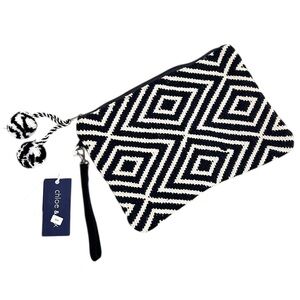 NWT Chloe & Lex Black & cream cotton zip up Geometric Clutch Pom Pom wristlet